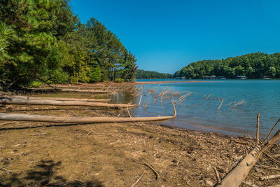 Scenic view of lake against clear blue sky