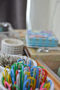 Close-up of multi colored pencils on table