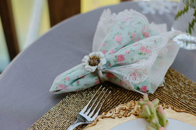 Close-up of napkin on table
