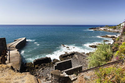 High angle view of sea against clear sky