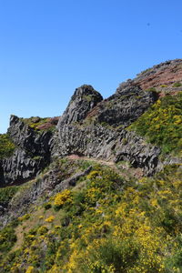 Low angle view of rock formations against clear blue sky