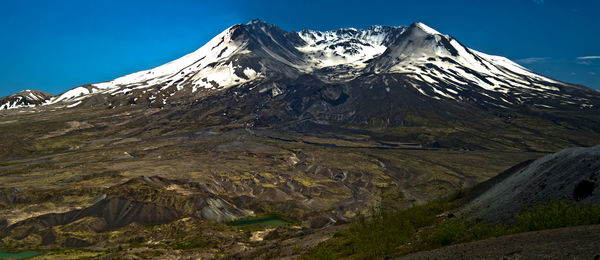 Scenic view of snowcapped mountains against clear sky