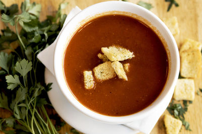 High angle view of soup in bowl on table