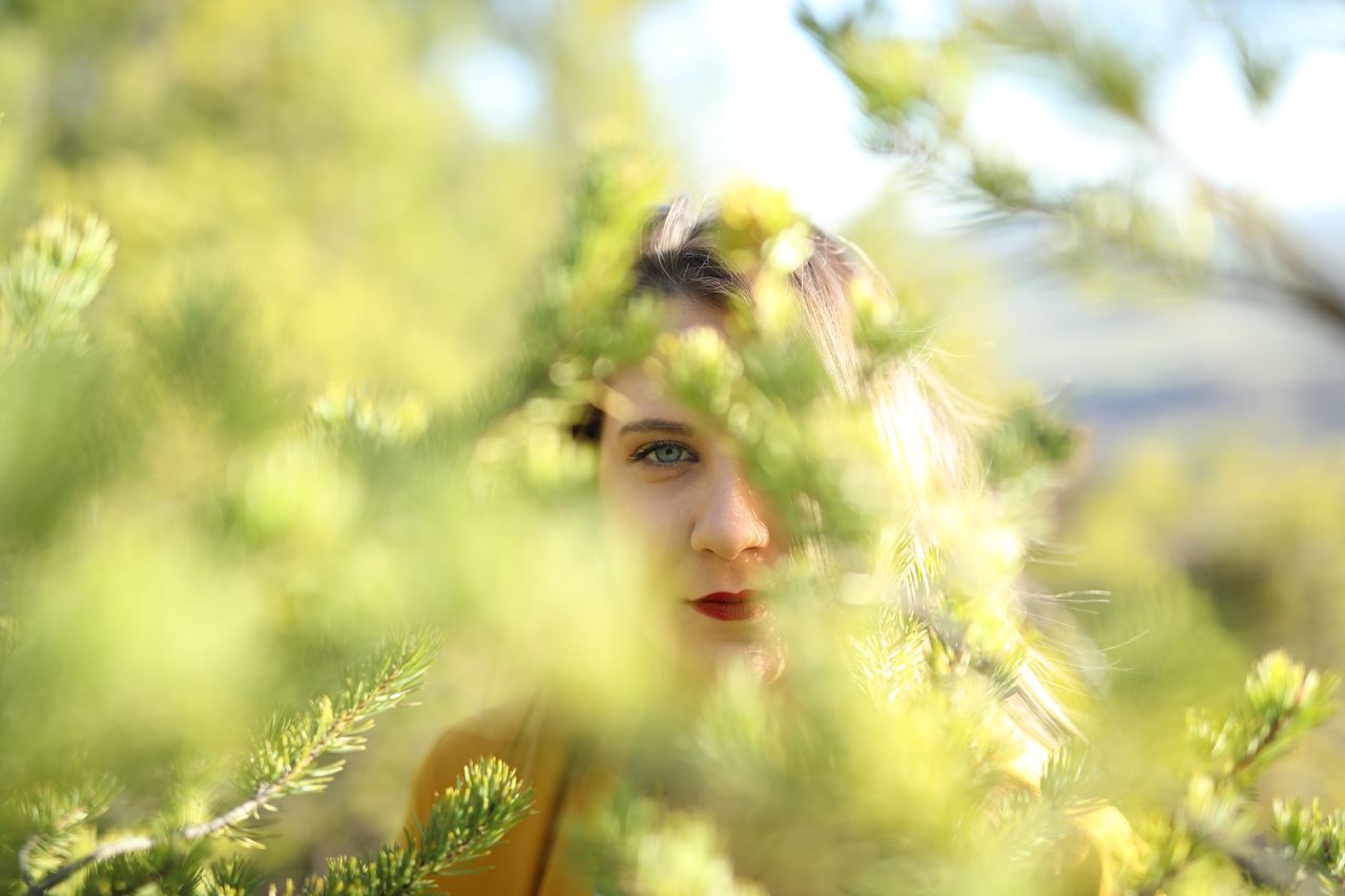 portrait, plant, selective focus, young adult, one person, headshot, young women, looking at camera, nature, growth, beauty, day, real people, lifestyles, adult, women, front view, green color, beautiful woman, outdoors, contemplation, human face