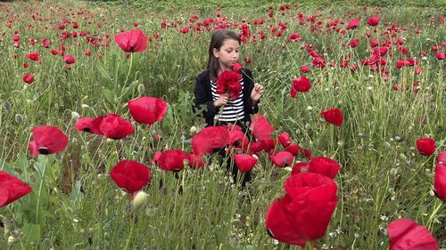 Portrait of girl standing amidst flowers on field