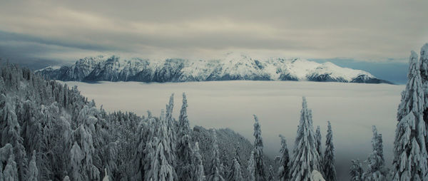 Scenic view of snow covered mountains against sky