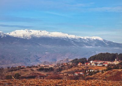 Scenic view of snowcapped mountains against sky