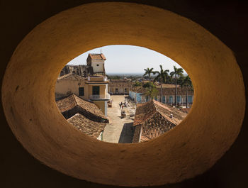 Buildings seen through window