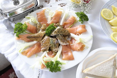 High angle view of seafood in plate on table