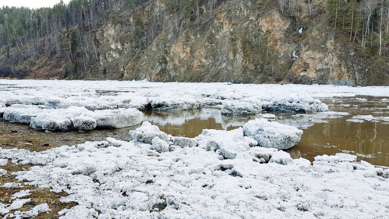 FROZEN WATER ON ROCKS