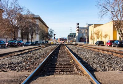 Railroad tracks against clear sky