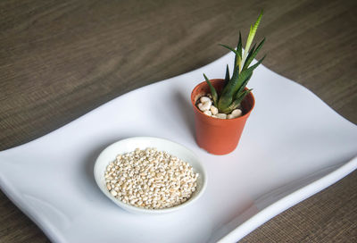 High angle view of salad in bowl on table
