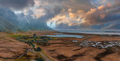 Aerial view of a viking village on a stormy rainy day in iceland.