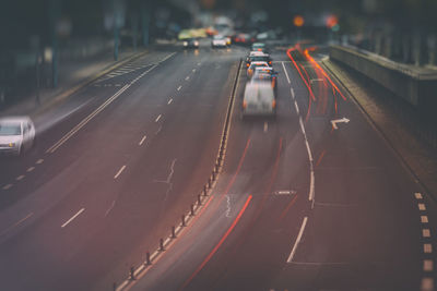 High angle view of traffic on road at night