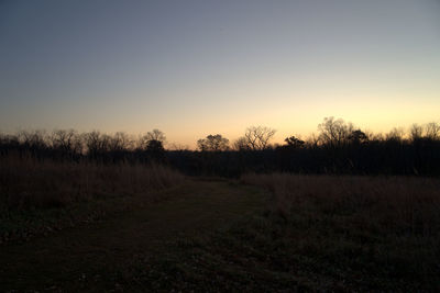 Scenic view of field against clear sky during sunset