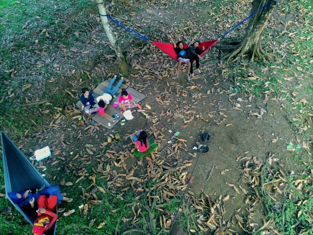 HIGH ANGLE VIEW OF PEOPLE ON FIELD BY ROAD