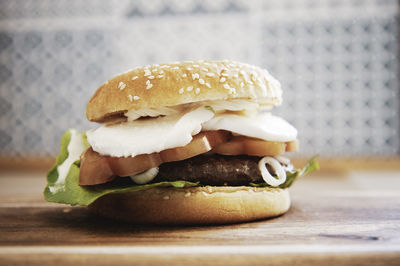 Close-up of burger on table