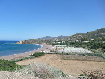 Scenic view of sea against clear blue sky