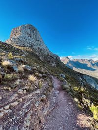 Scenic view of mountains against clear blue sky