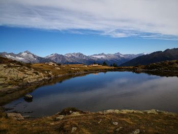 Scenic view of lake by mountains against sky