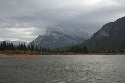 Scenic view of mountains and lake against sky