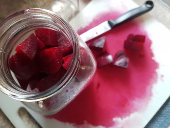 High angle view of dessert in jar on table