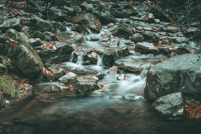 Aerial view of river flowing through rocks