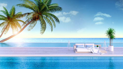 Beach lounge, sun loungers on sunbathing deck and private swimming pool and panoramic sea view