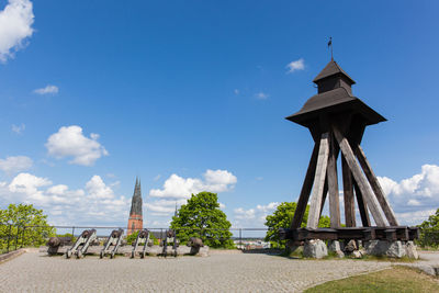 Low angle view of temple against blue sky