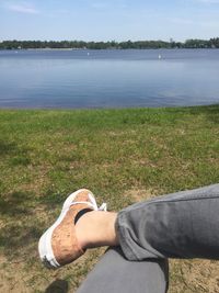 Low section of man on grass by landscape against sky