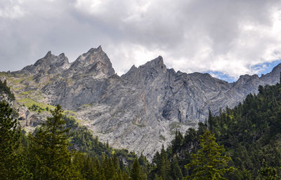 Scenic view of mountains against cloudy sky