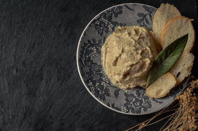 High angle view of bread in plate on table