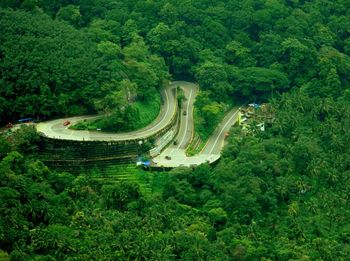 High angle view of road amidst trees in forest