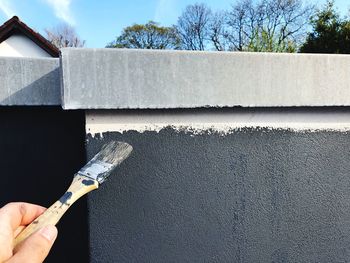 Close-up of hand holding umbrella against wall
