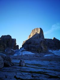 Rock formations against clear blue sky