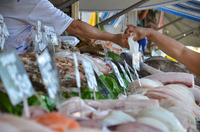 Cropped hand of customer buying fish from vendor at market