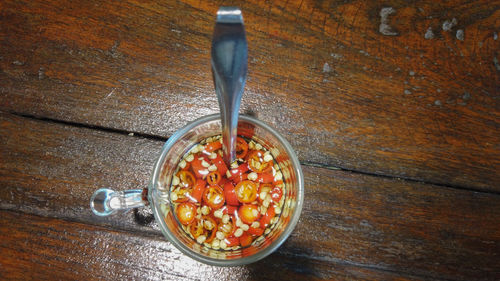 High angle view of breakfast on table