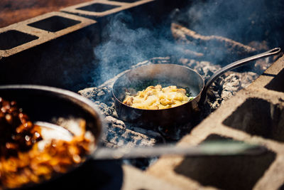 Close-up of meat cooking on barbecue grill