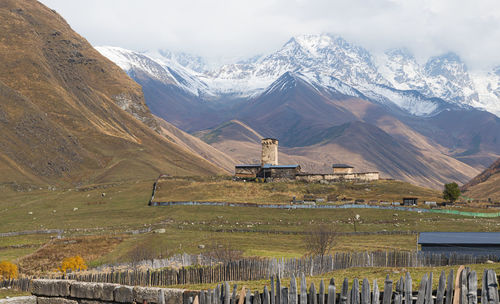 Scenic view of snowcapped mountains against sky