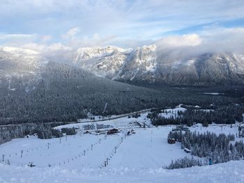 Scenic view of snow covered mountains against sky