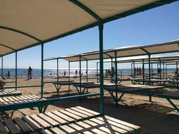 People at sea shore against clear sky