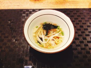 High angle view of soup in bowl on table