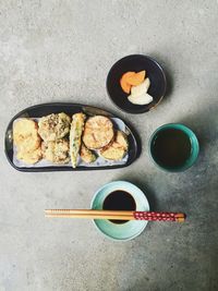 High angle view of food in plate on floor