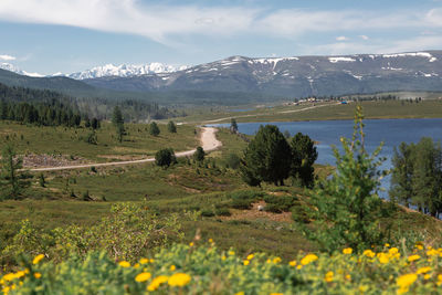 Scenic view of landscape and mountains against sky