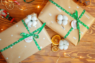 High angle view of christmas decorations on table