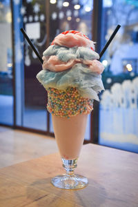 Close-up of ice cream on table