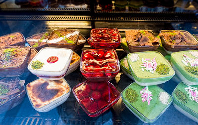 High angle view of various food on table