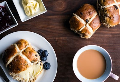 High angle view of breakfast served on table