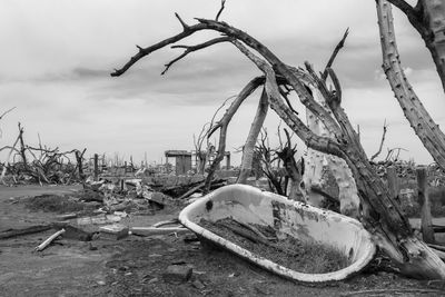 Abandoned boat on land against sky