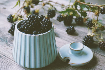 Close-up of blackberries in container on table